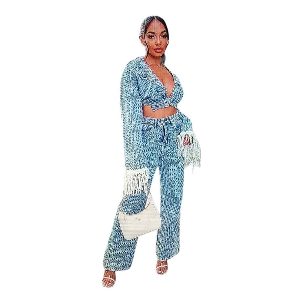 Nichole Lynel Denim Blue Set Fringe Sleeve Jeans 2 Piece Long Sleeve Size L Wmns